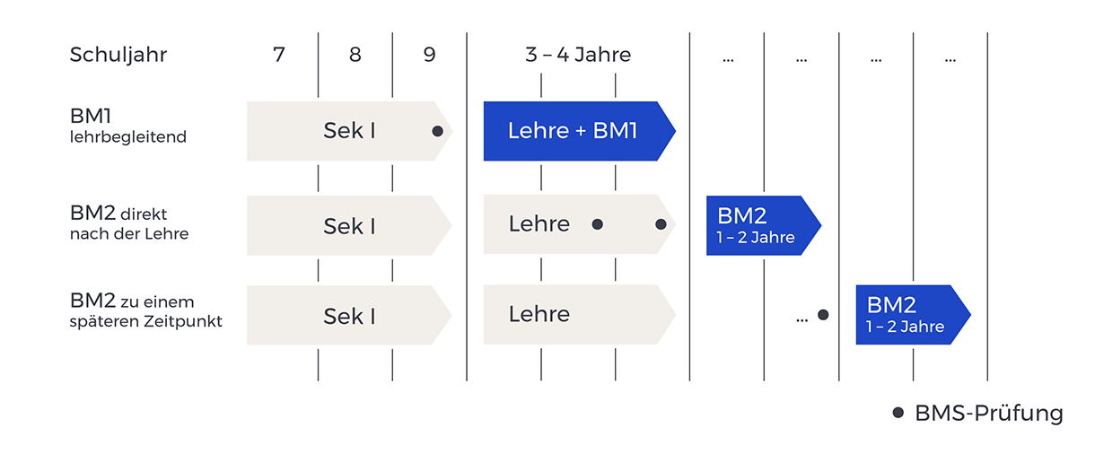 Die BM1 wird parallel zur Berufslehre absolviert. Die BM2 wird nach der Berufslehre gemacht.